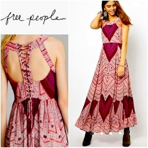 Free People Printed Maxi Dress with Lace-Up Back